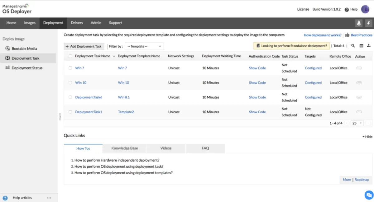 Interface ManageEngine OS Deployer: fonctionnalités, prix, alternatives
