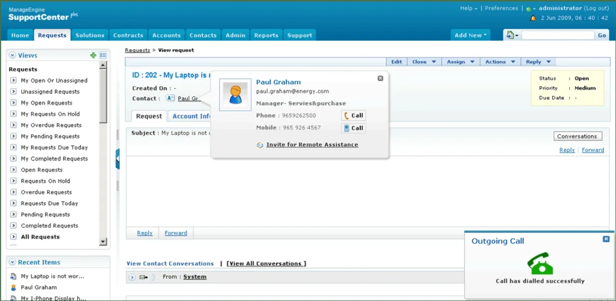 Interface ManageEngine SupportCenter Plus: fonctionnalités, prix, alternatives