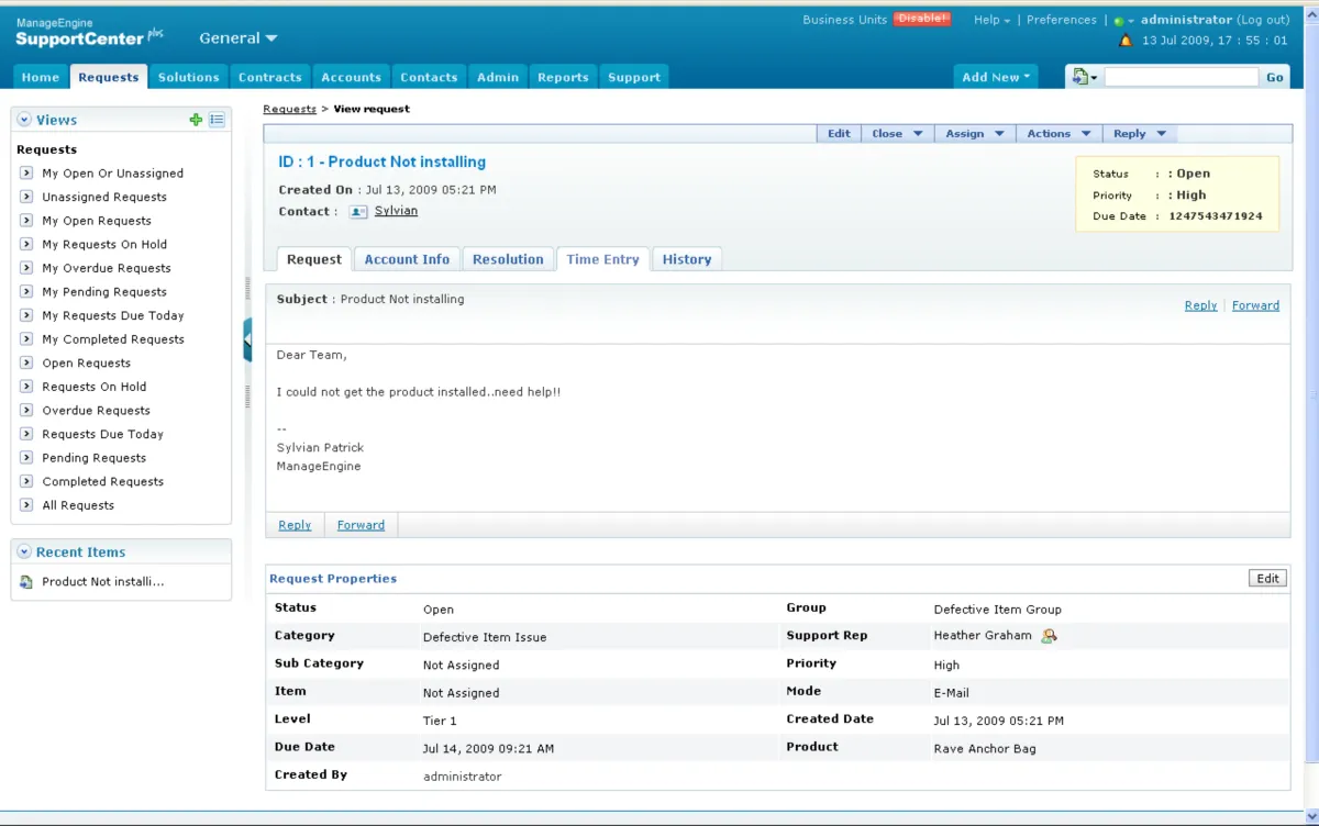 Notre avis sur ManageEngine SupportCenter Plus : un logiciel de service client (assistance / support / SAV) à découvrir