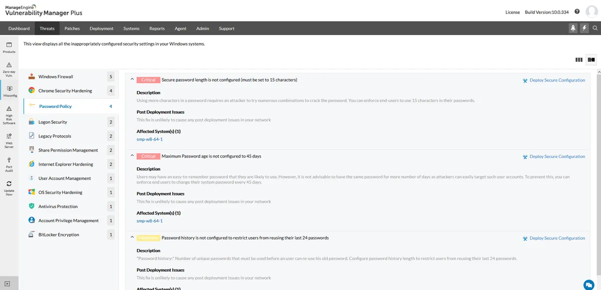 Interface ManageEngine Vulnerability Manager Plus: fonctionnalités, prix, alternatives