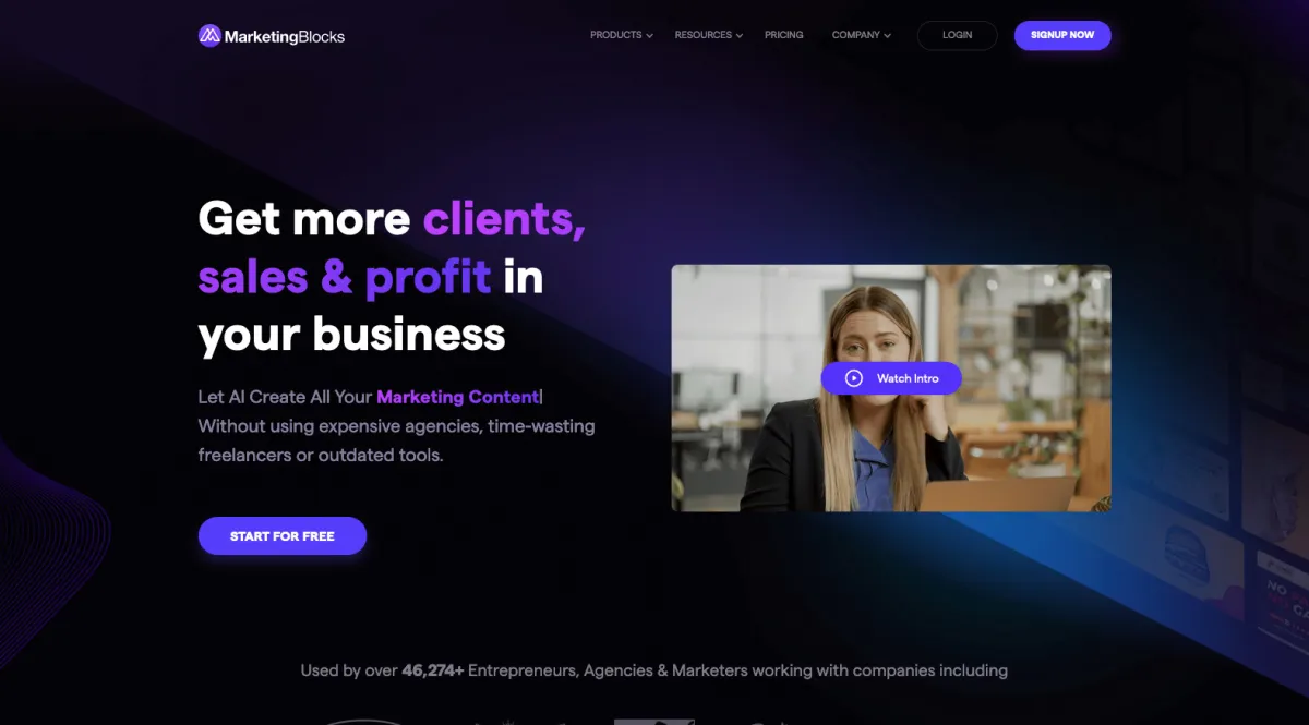 Interface MarketingBlocks : fonctionnalités, prix, alternatives