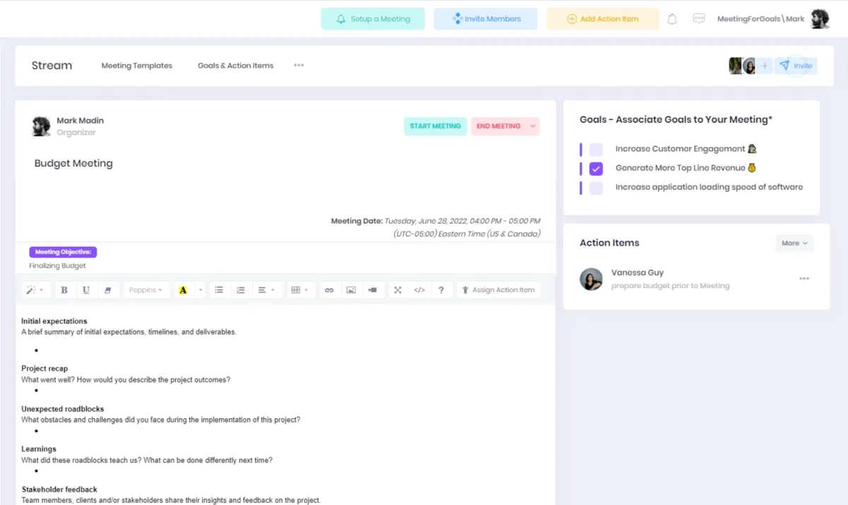 Interface Meeting For Goals: fonctionnalités, prix, alternatives