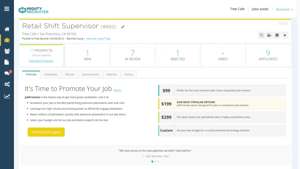 Interface MightyRecruiter: fonctionnalités, prix, alternatives