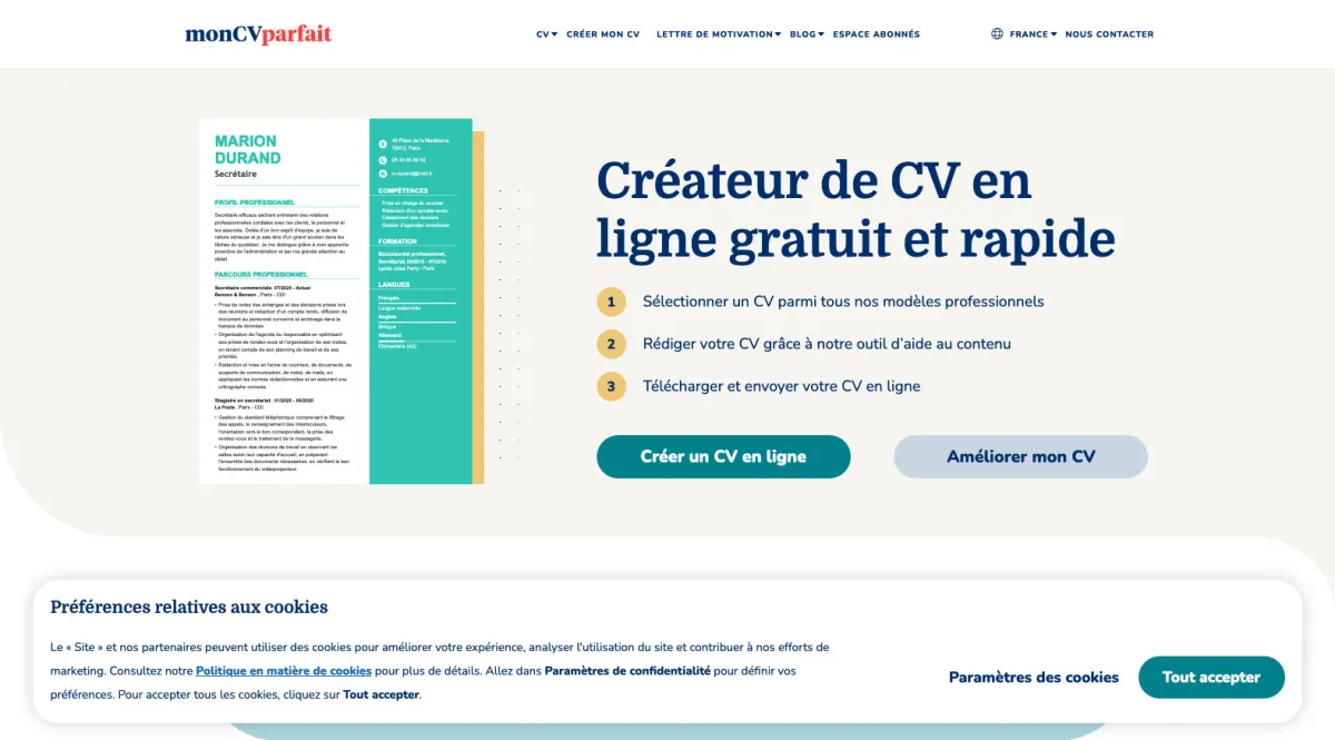 Interface MonCVparfait : fonctionnalités, prix, alternatives Interface MonCVparfait : fonctionnalités, prix, alternatives