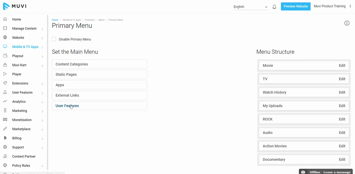 Interface Muvi: fonctionnalités, prix, alternatives
