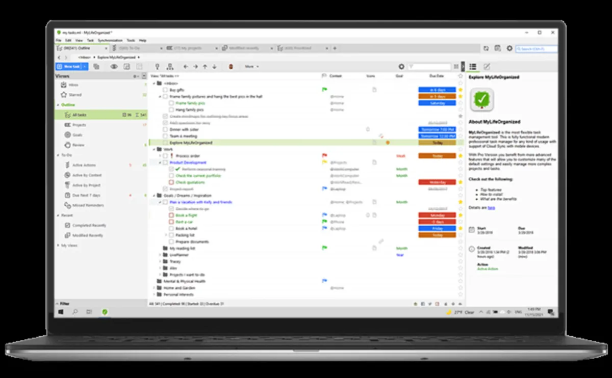 Interface MyLifeOrganized: fonctionnalités, prix, alternatives