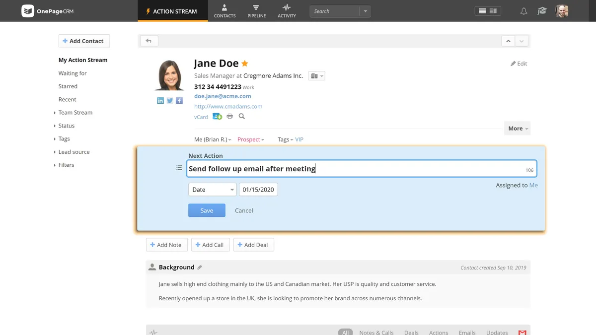 Interface OnePageCRM: image, ergonomie, alternatives