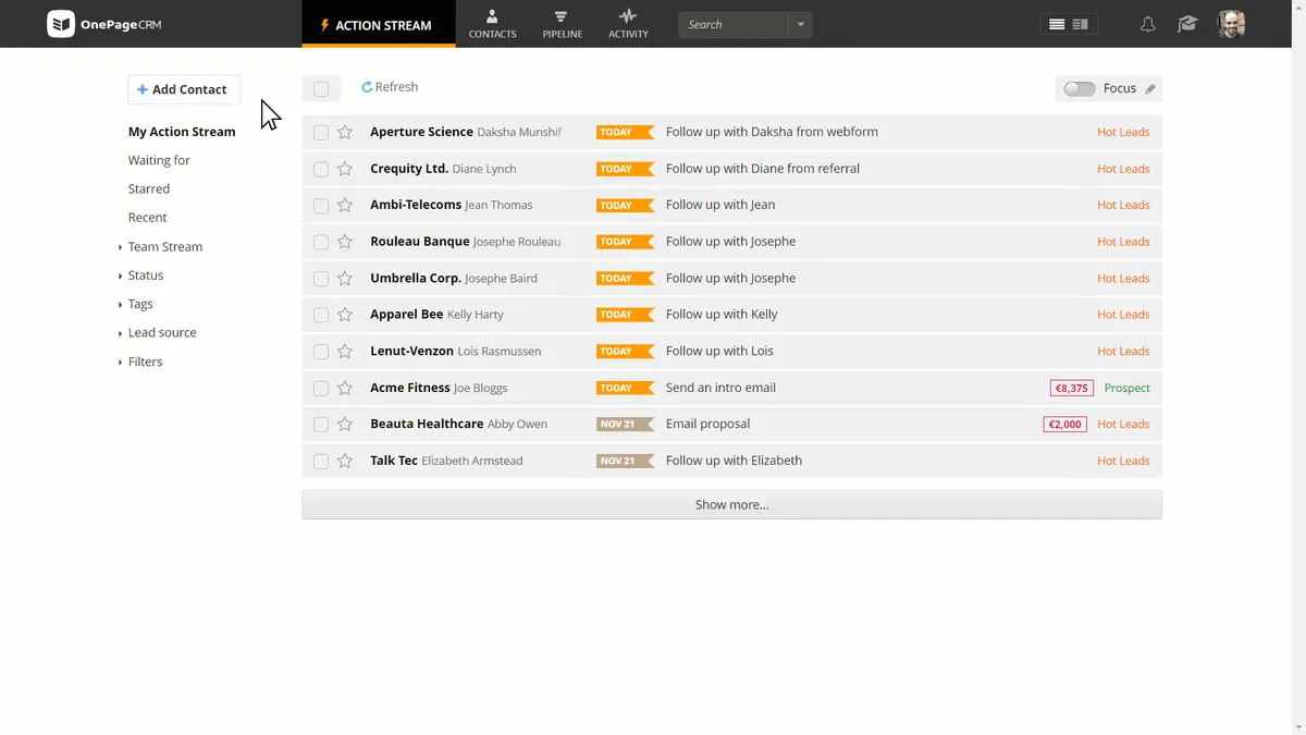 OnePageCRM: avis sur le logiciel CRM: fonctionnalités, avantages, inconvénients et tarifs