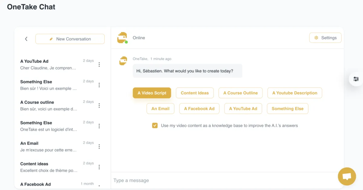 Interface OneTake AI: fonctionnalités, prix, alternatives
