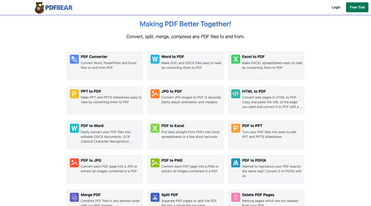 Interface PDFBear : fonctionnalités, prix, alternatives Interface PDFBear : fonctionnalités, prix, alternatives