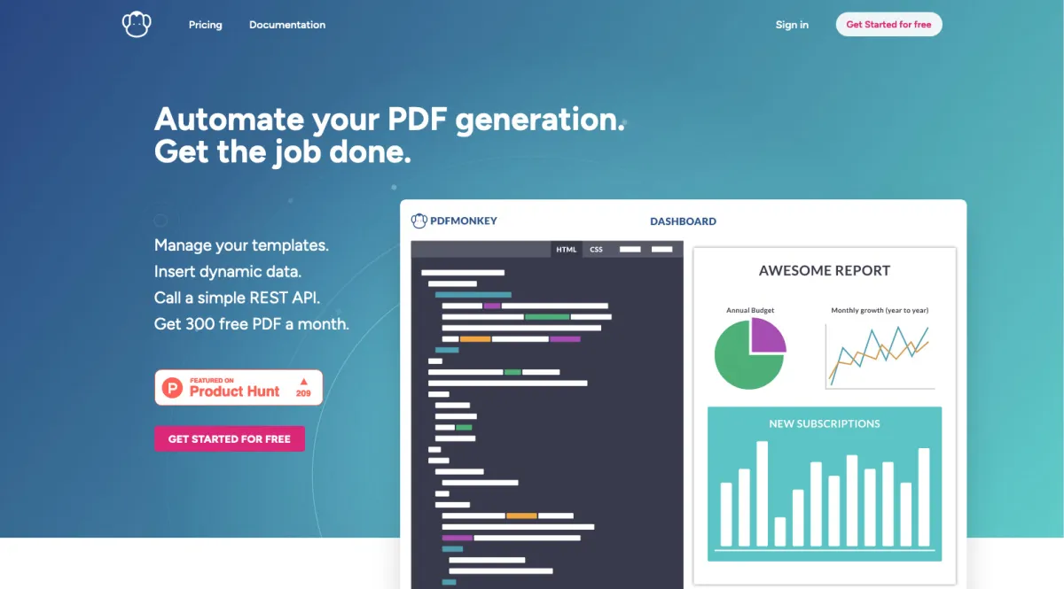 Interface PDFMonkey : fonctionnalités, prix, alternatives