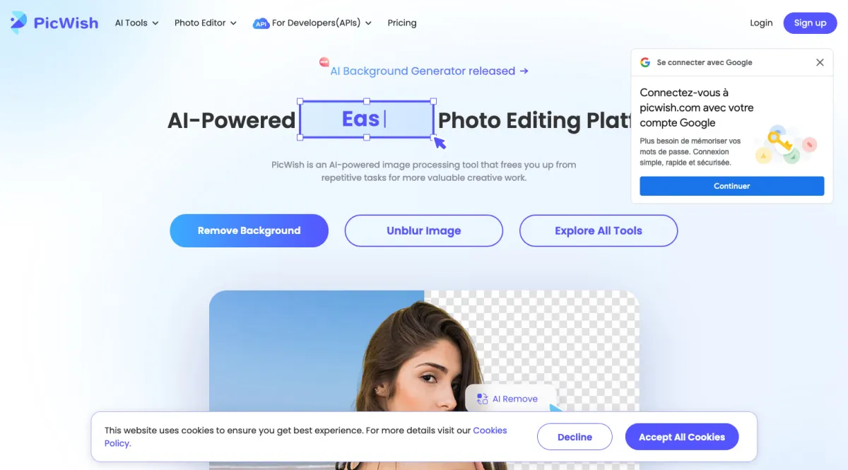 Interface PicWish : fonctionnalités, prix, alternatives