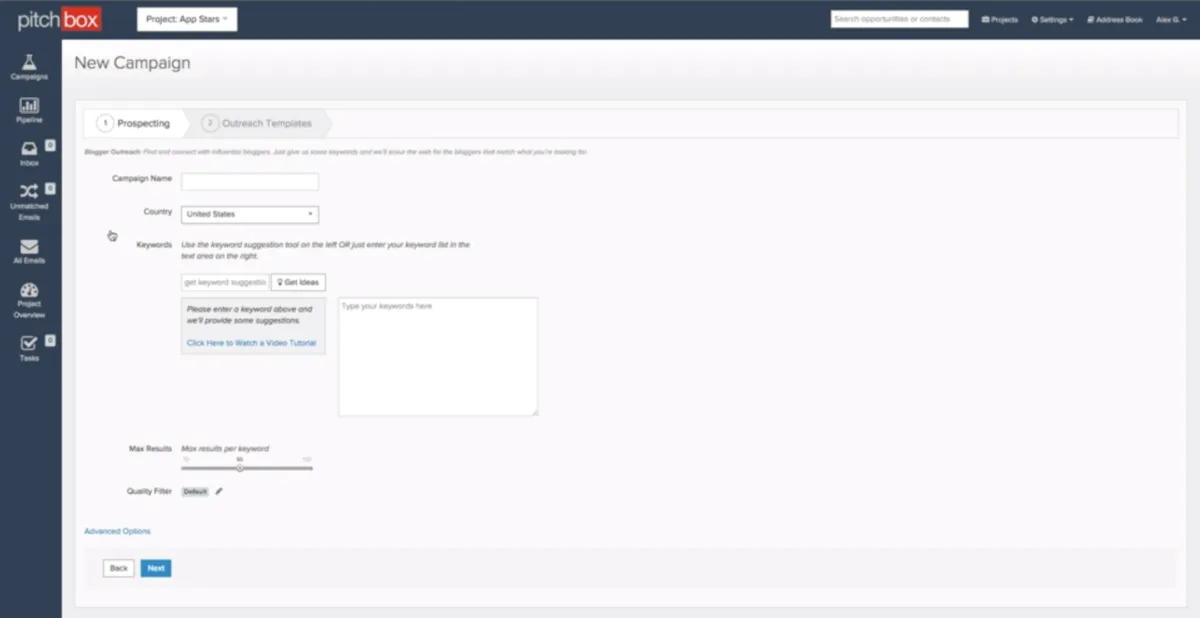 Interface Pitchbox: fonctionnalités, prix, alternatives