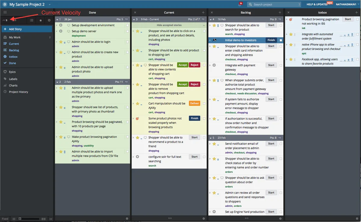 Interface Pivotal Tracker: fonctionnalités, prix, alternatives