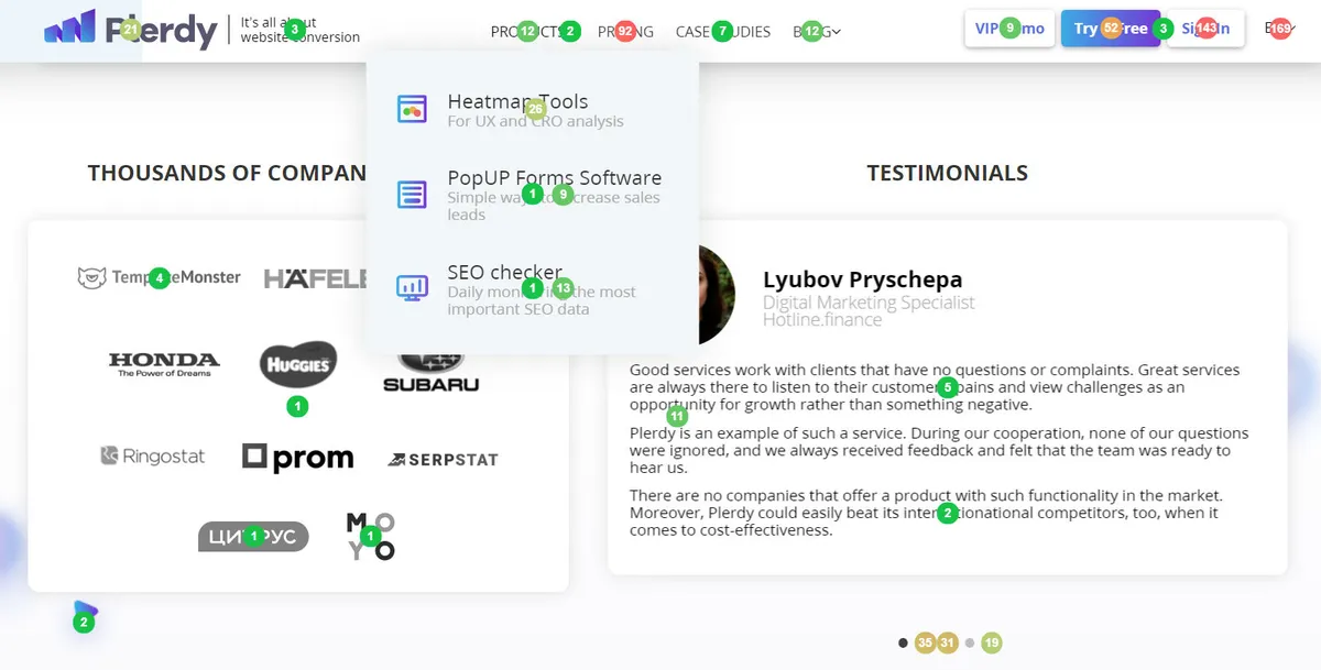 Interface Plerdy: fonctionnalités, prix, alternatives