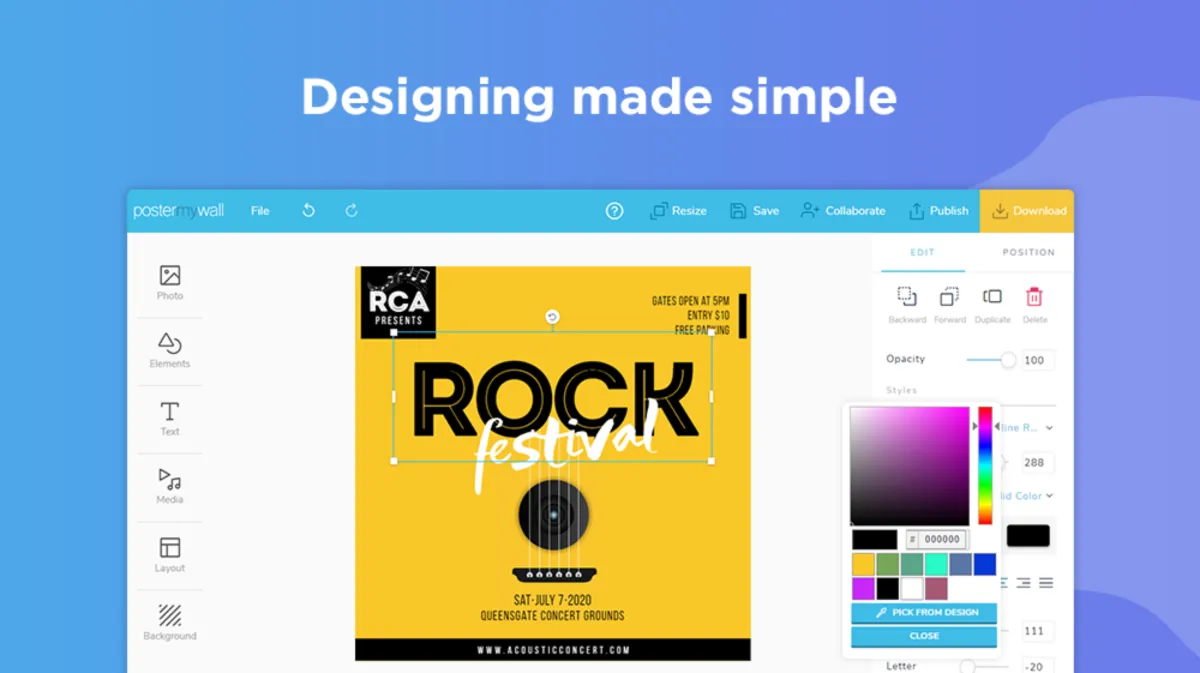 Interface PosterMyWall: fonctionnalités, prix, alternatives