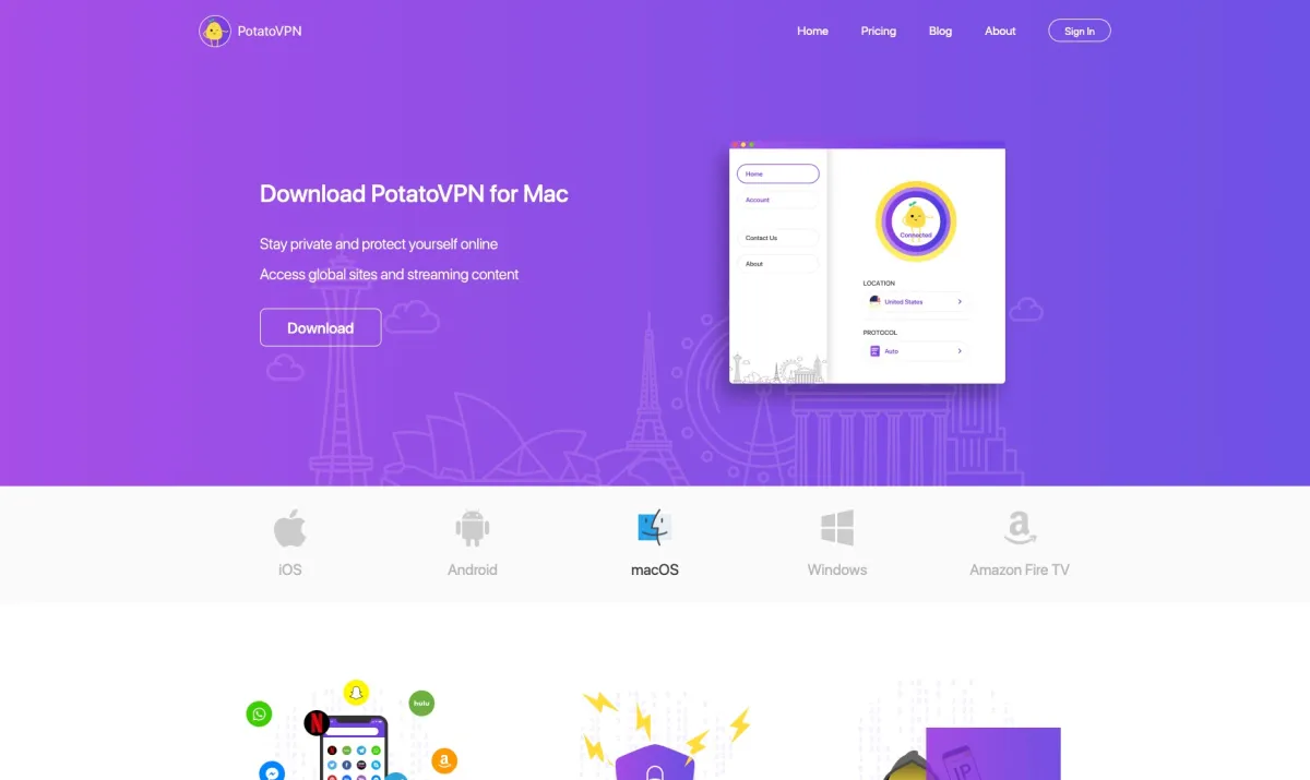 Interface Potato VPN : fonctionnalités, prix, alternatives