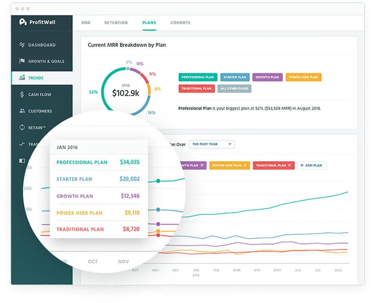 Interface ProfitWell: fonctionnalités, prix, alternatives