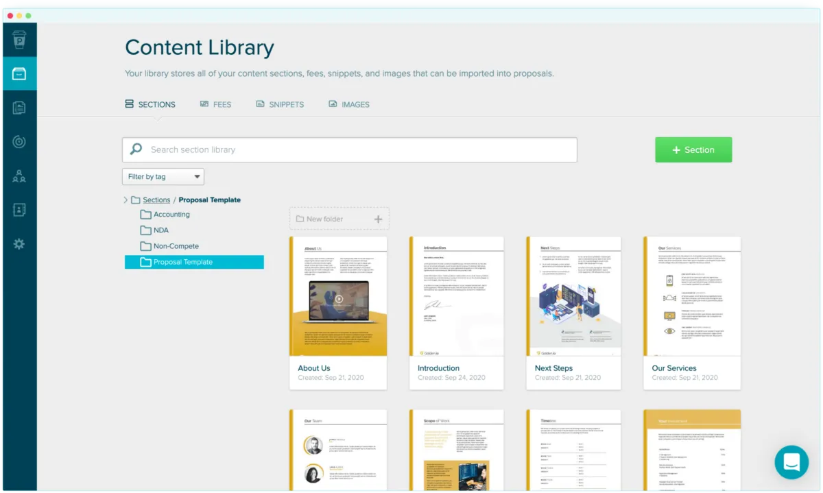 Interface Proposify: fonctionnalités, prix, alternatives