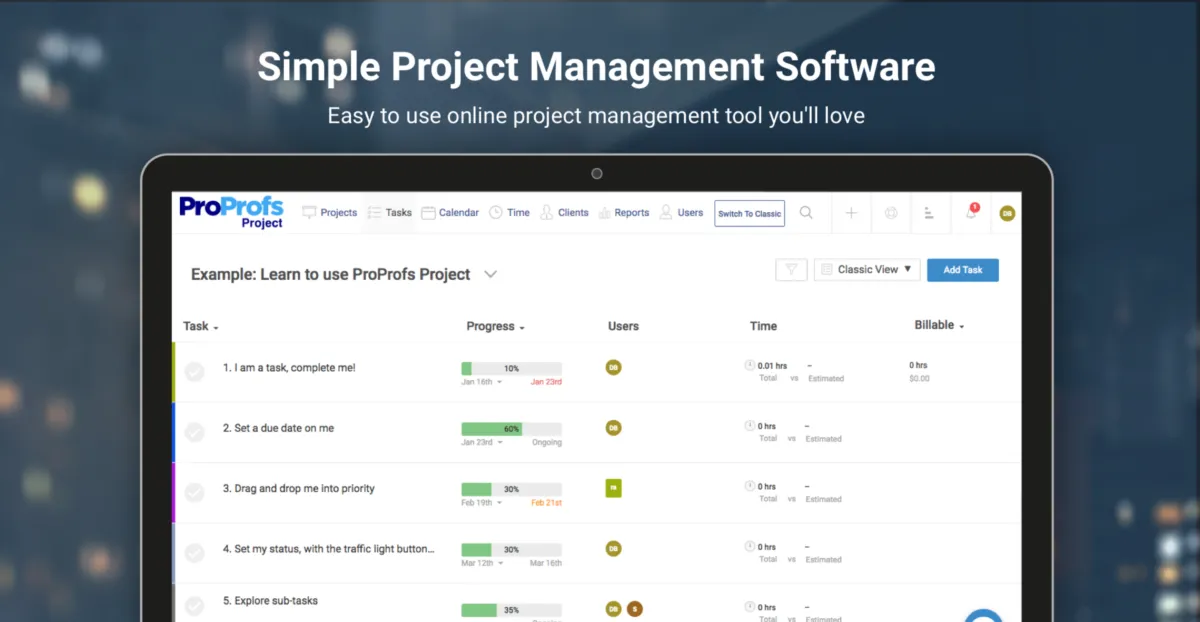 Interface ProProfs Project: fonctionnalités, prix, alternatives