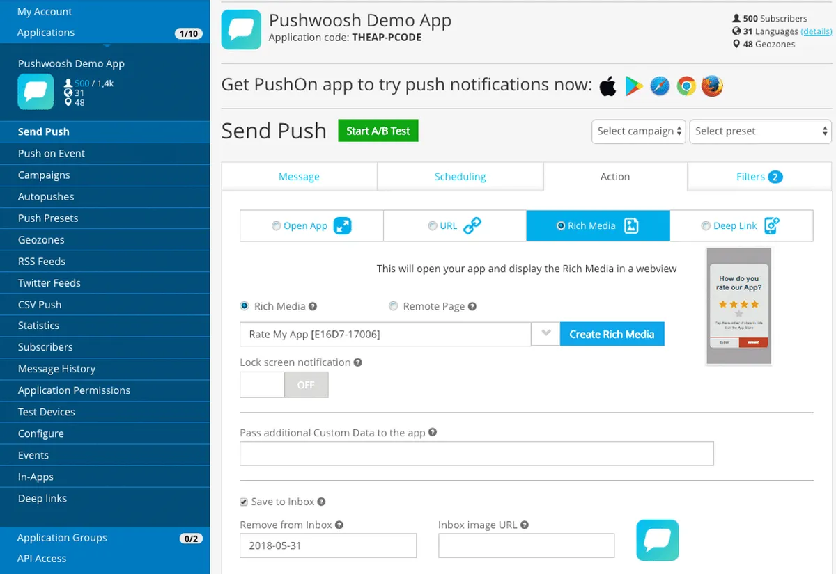 Interface Pushwoosh: fonctionnalités, prix, alternatives Interface Pushwoosh: fonctionnalités, prix, alternatives