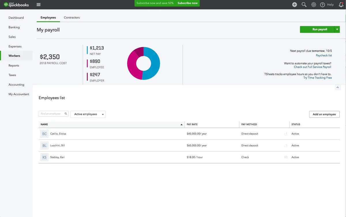 Notre avis sur QuickBooks Payroll : un logiciel de gestion des temps et activités (GTA: time tracking / pointage / badgeuse) à découvrir
