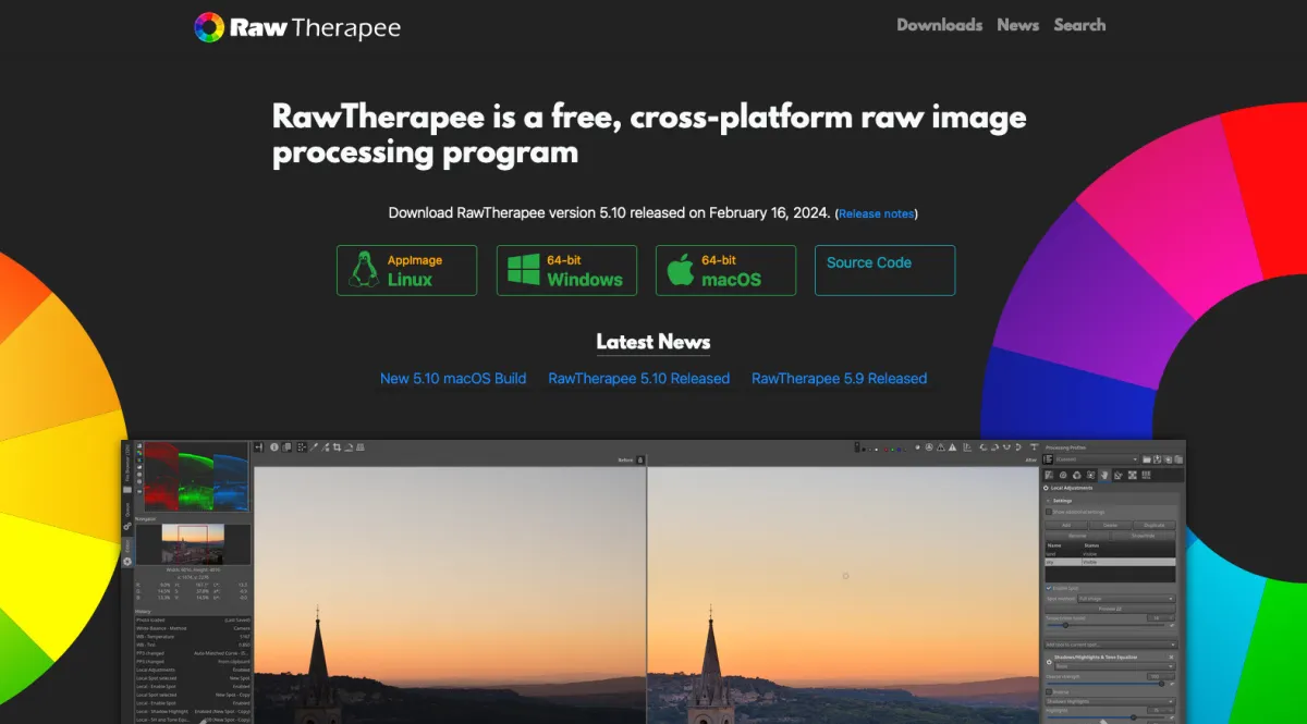 Interface RawTherapee : fonctionnalités, prix, alternatives