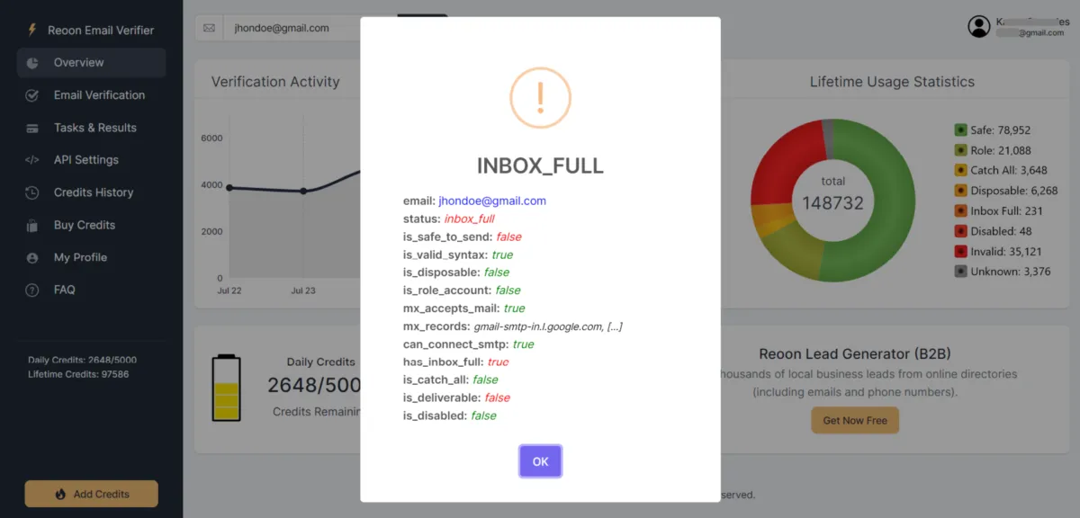 Interface Reoon Email Verifier: image, ergonomie, alternatives Interface Reoon Email Verifier: image, ergonomie, alternatives