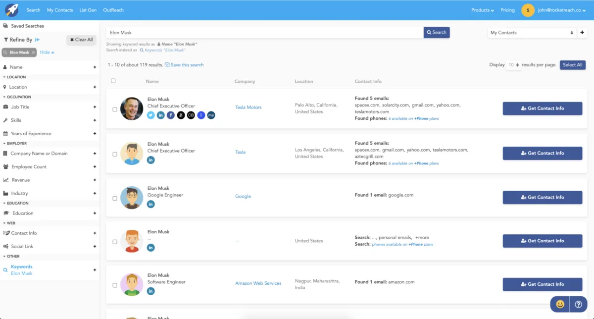 Interface RocketReach: fonctionnalités, prix, alternatives