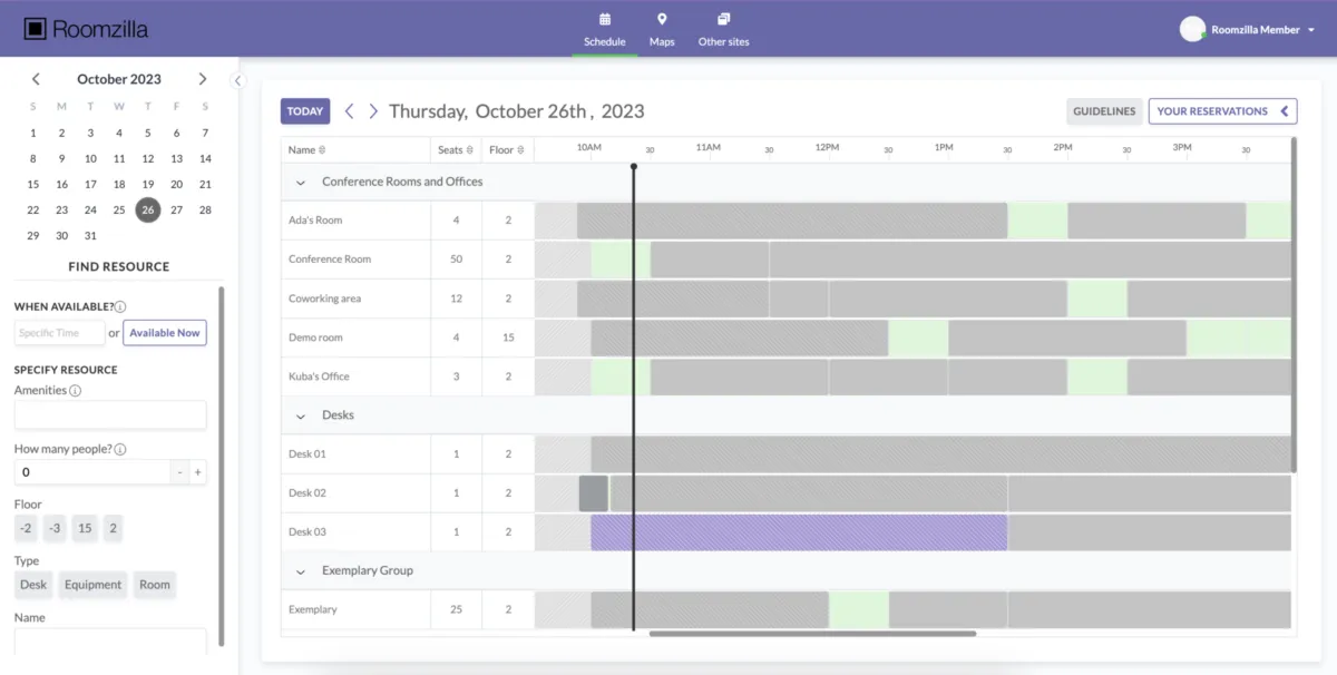 Interface Roomzilla: fonctionnalités, prix, alternatives