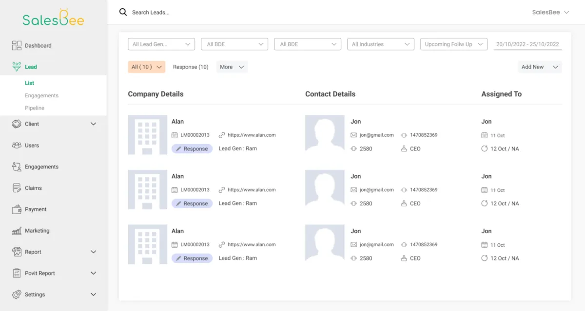 Interface SalesBee: fonctionnalités, prix, alternatives