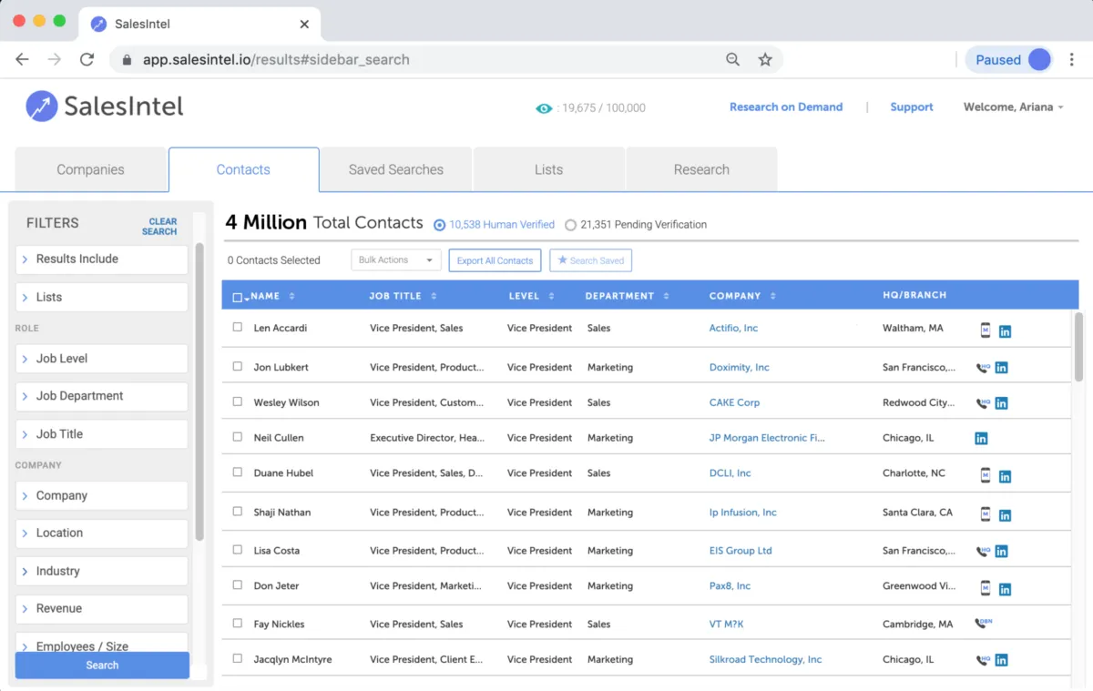 Interface Salesintel: fonctionnalités, prix, alternatives