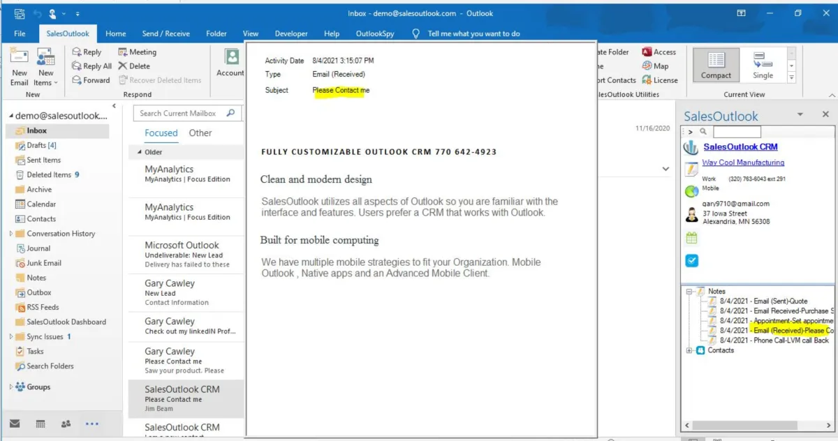 Interface SalesOutlook CRM: fonctionnalités, prix, alternatives