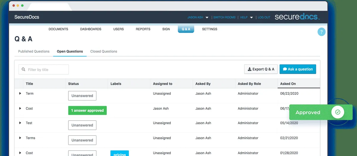 Interface SecureDocs Virtual Data Room: fonctionnalités, prix, alternatives