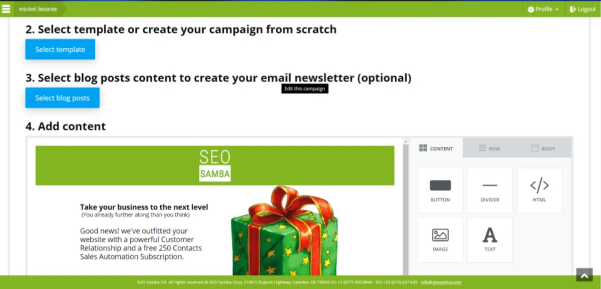 Interface SeoSamba Email Marketing: fonctionnalités, prix, alternatives