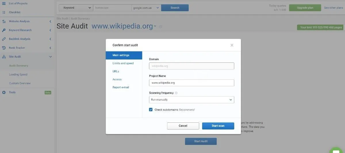 Interface Serpstat: image, ergonomie, alternatives Interface Serpstat: image, ergonomie, alternatives