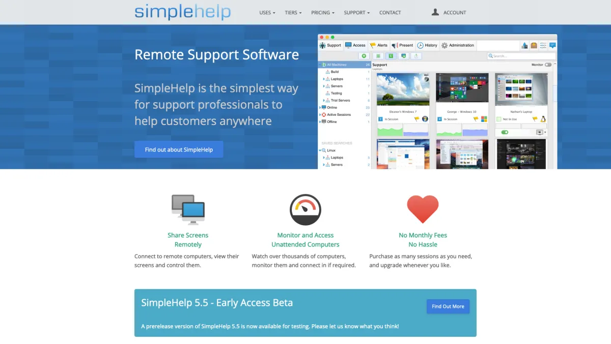Interface SimpleHelp : fonctionnalités, prix, alternatives