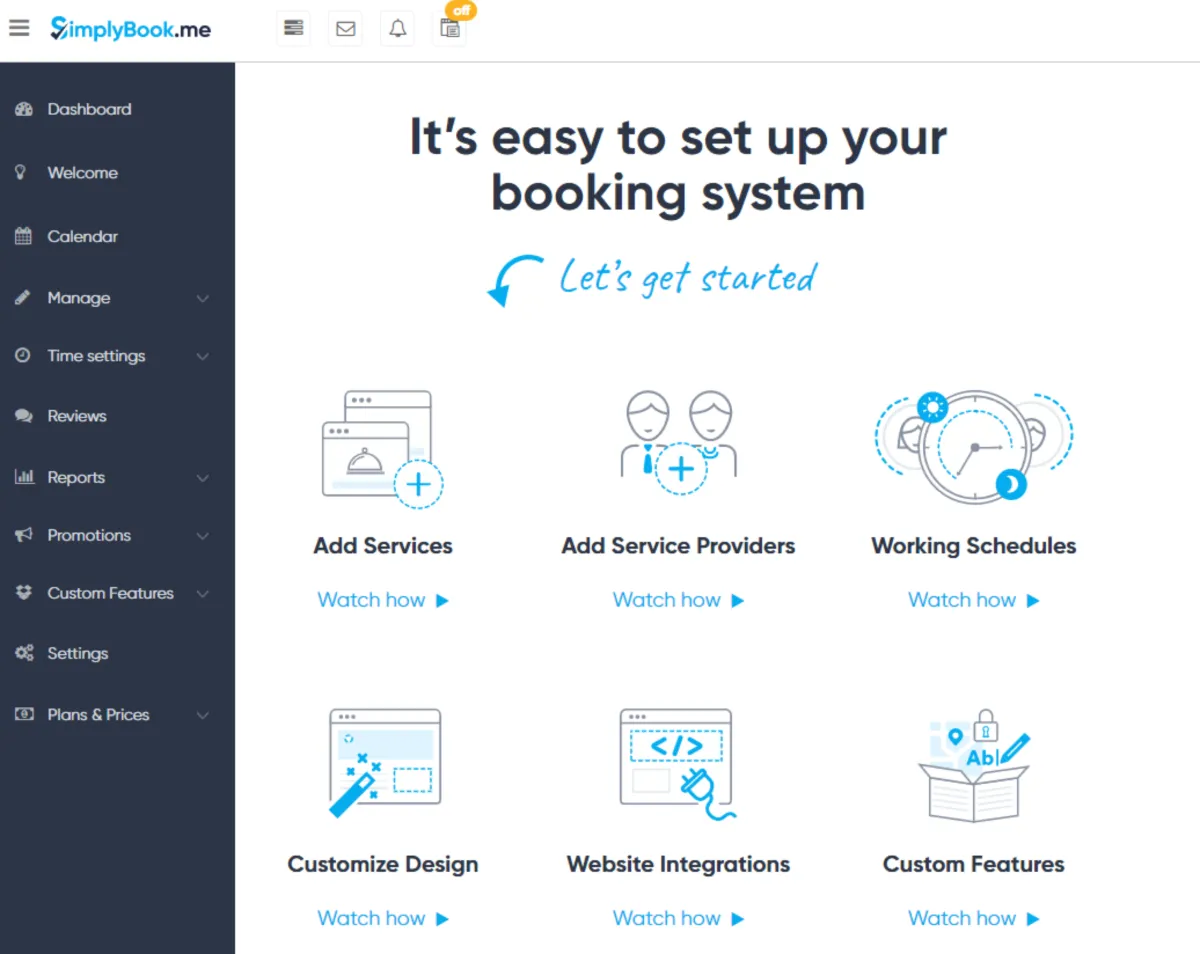 Interface SimplyBook.me: fonctionnalités, prix, alternatives