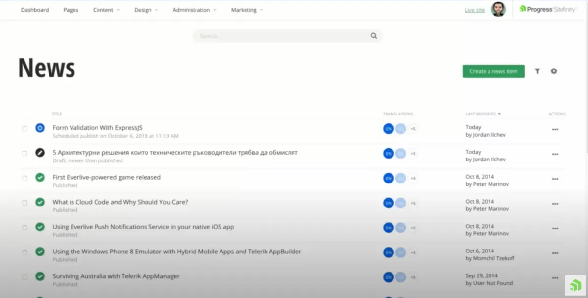 Interface Sitefinity: fonctionnalités, prix, alternatives