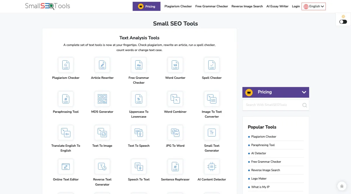 Interface SmallSEOTools : fonctionnalités, prix, alternatives