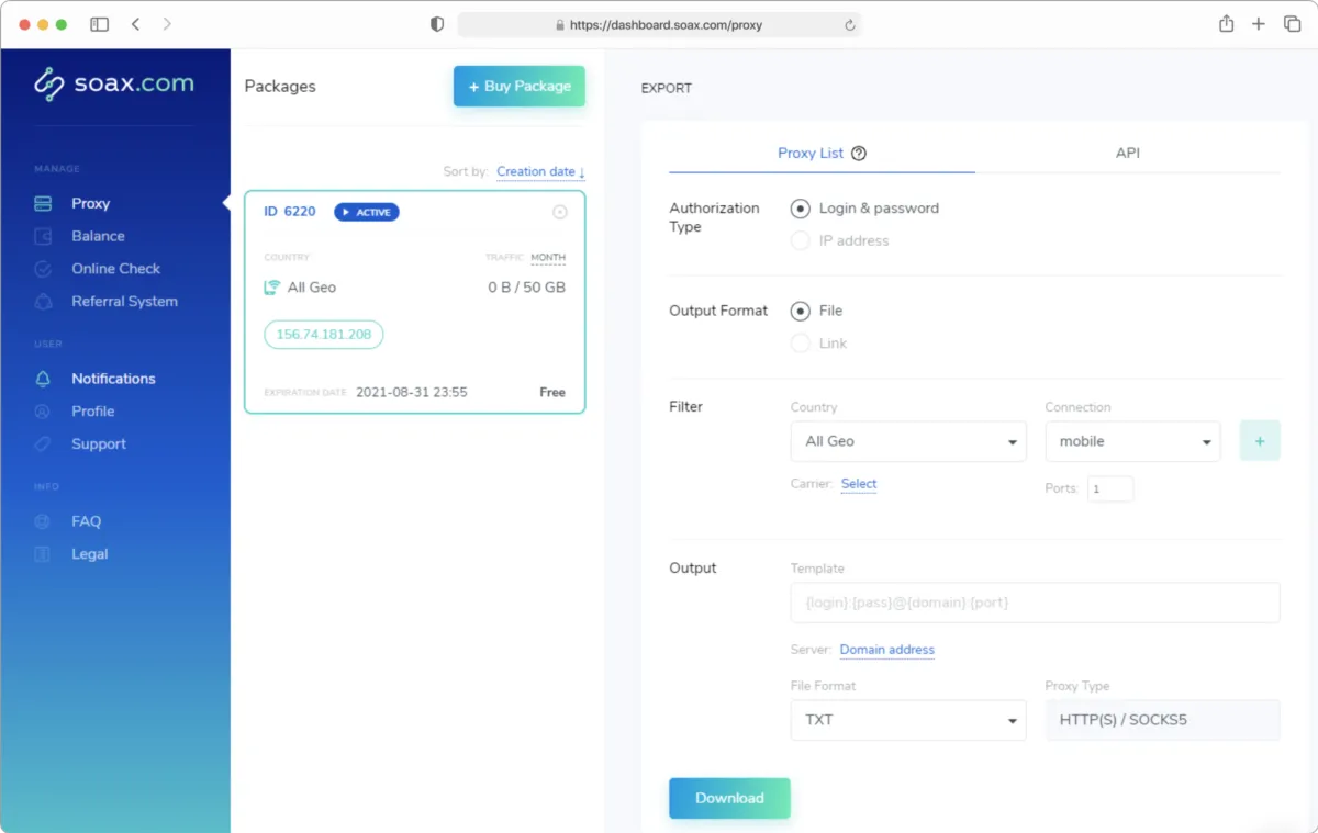 Interface SOAX: fonctionnalités, prix, alternatives