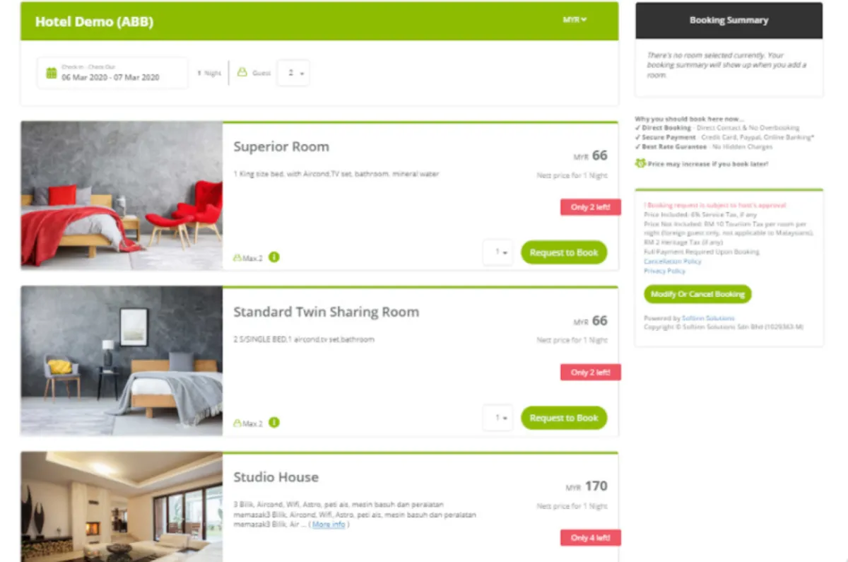 Interface Softinn Hotel Booking Engine: image, ergonomie, alternatives