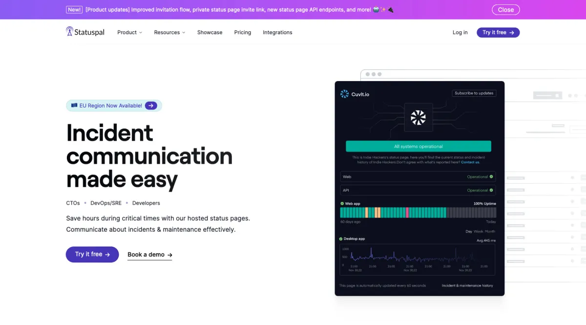 Interface Statuspal : fonctionnalités, prix, alternatives