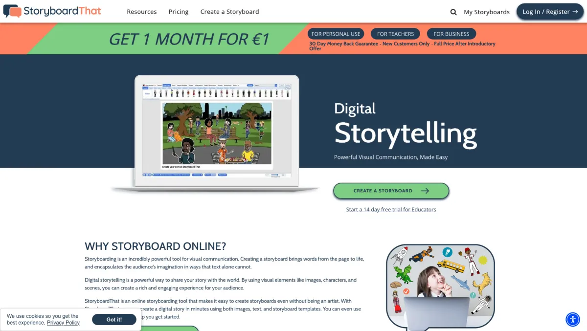 Interface Storyboard That : fonctionnalités, prix, alternatives