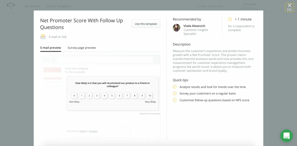 Interface Survicate Customer Feedback: fonctionnalités, prix, alternatives