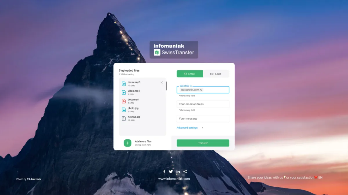 Interface Swiss Transfer: fonctionnalités, prix, alternatives