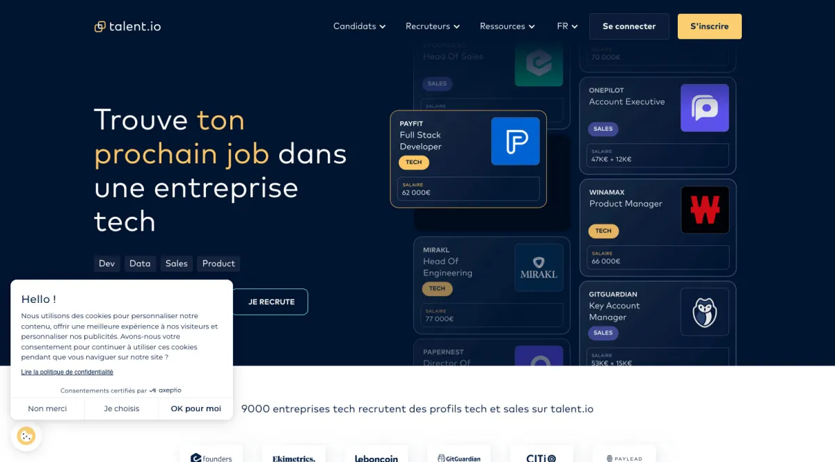 Interface talent.io : fonctionnalités, prix, alternatives