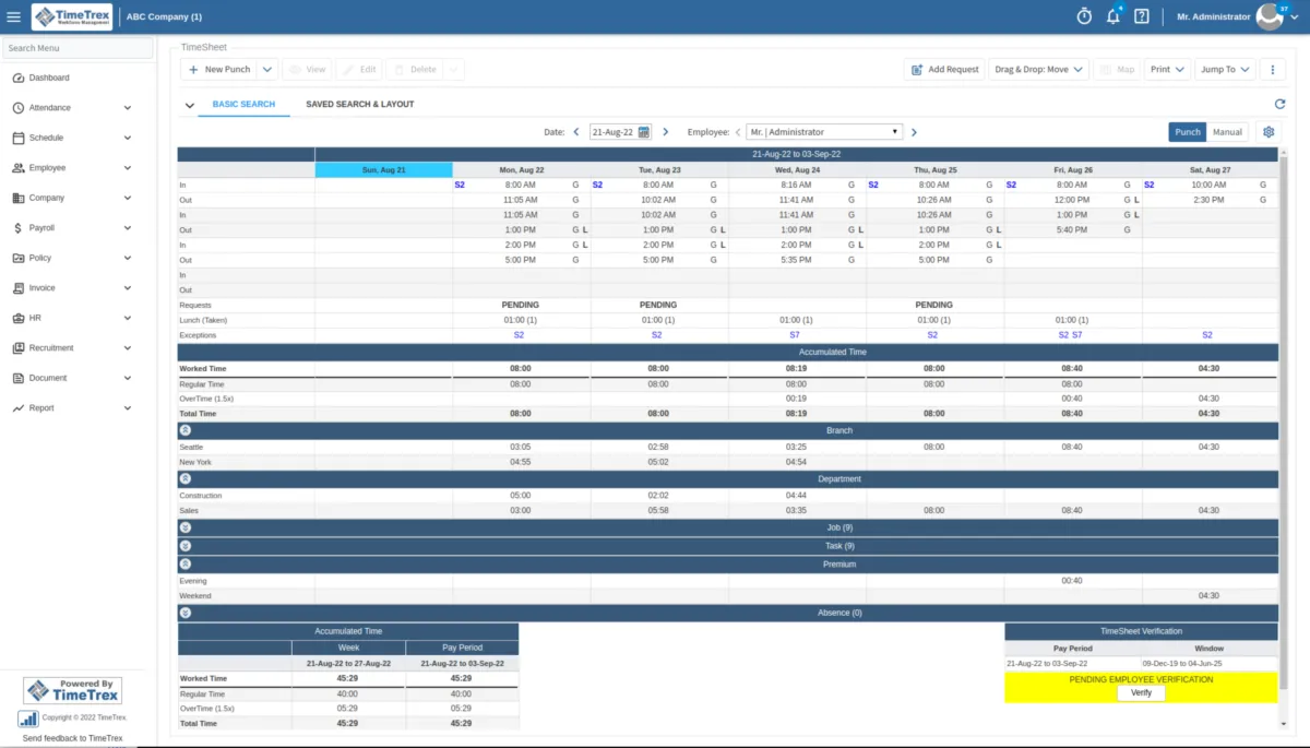 Interface TimeTrex: fonctionnalités, prix, alternatives