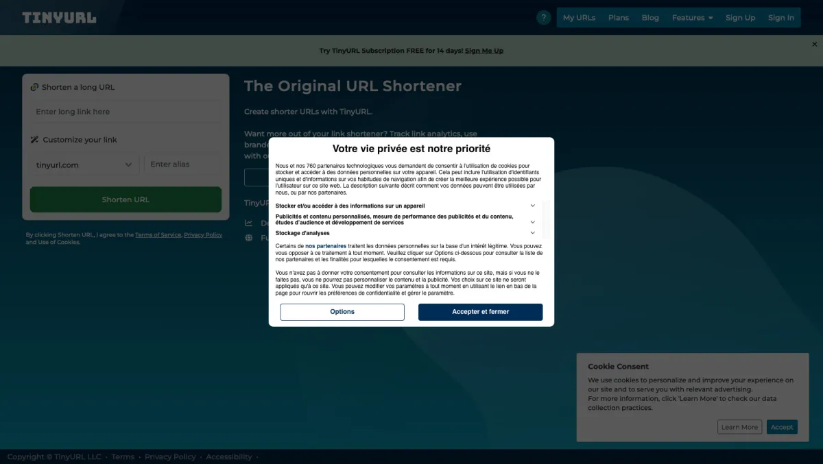 Interface TinyURL : fonctionnalités, prix, alternatives