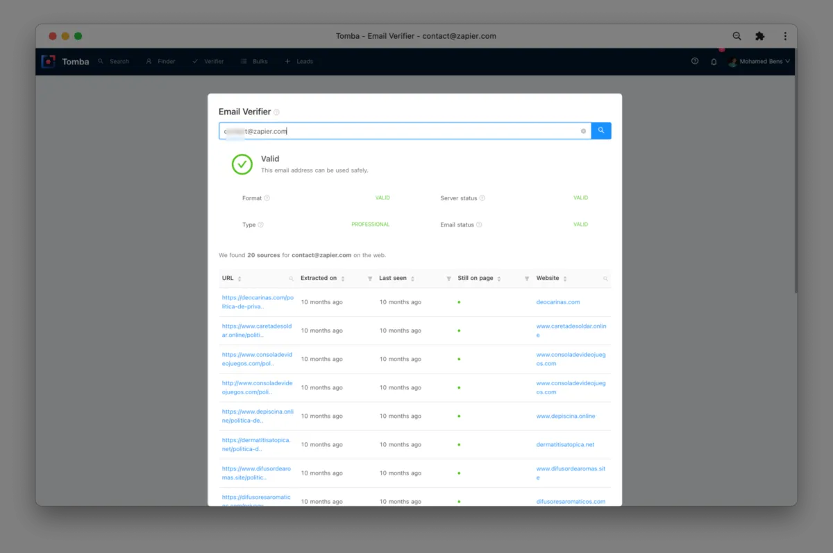 Interface Tomba Email Finder: image, ergonomie, alternatives